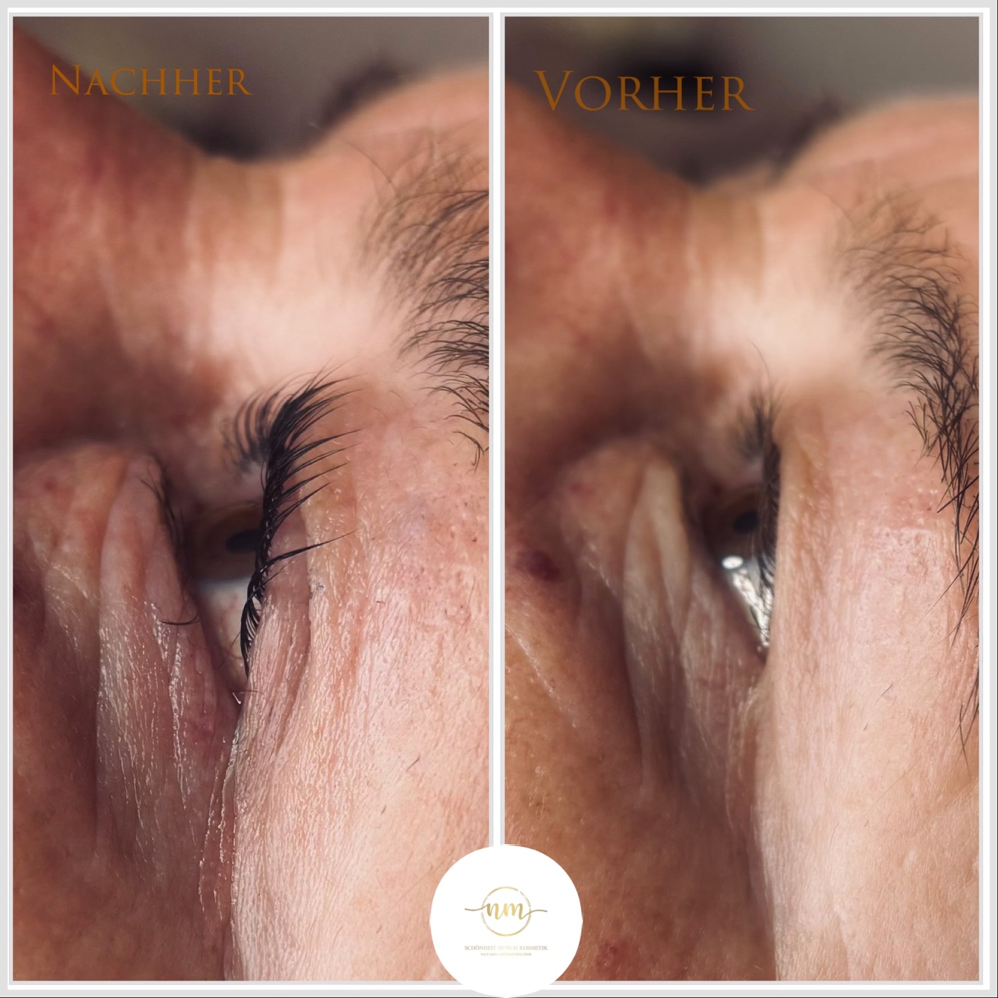 Dieses Vorher-/Nachher-Bild zeigt, was ein professionelles Wimpernlifting bewirken kann: